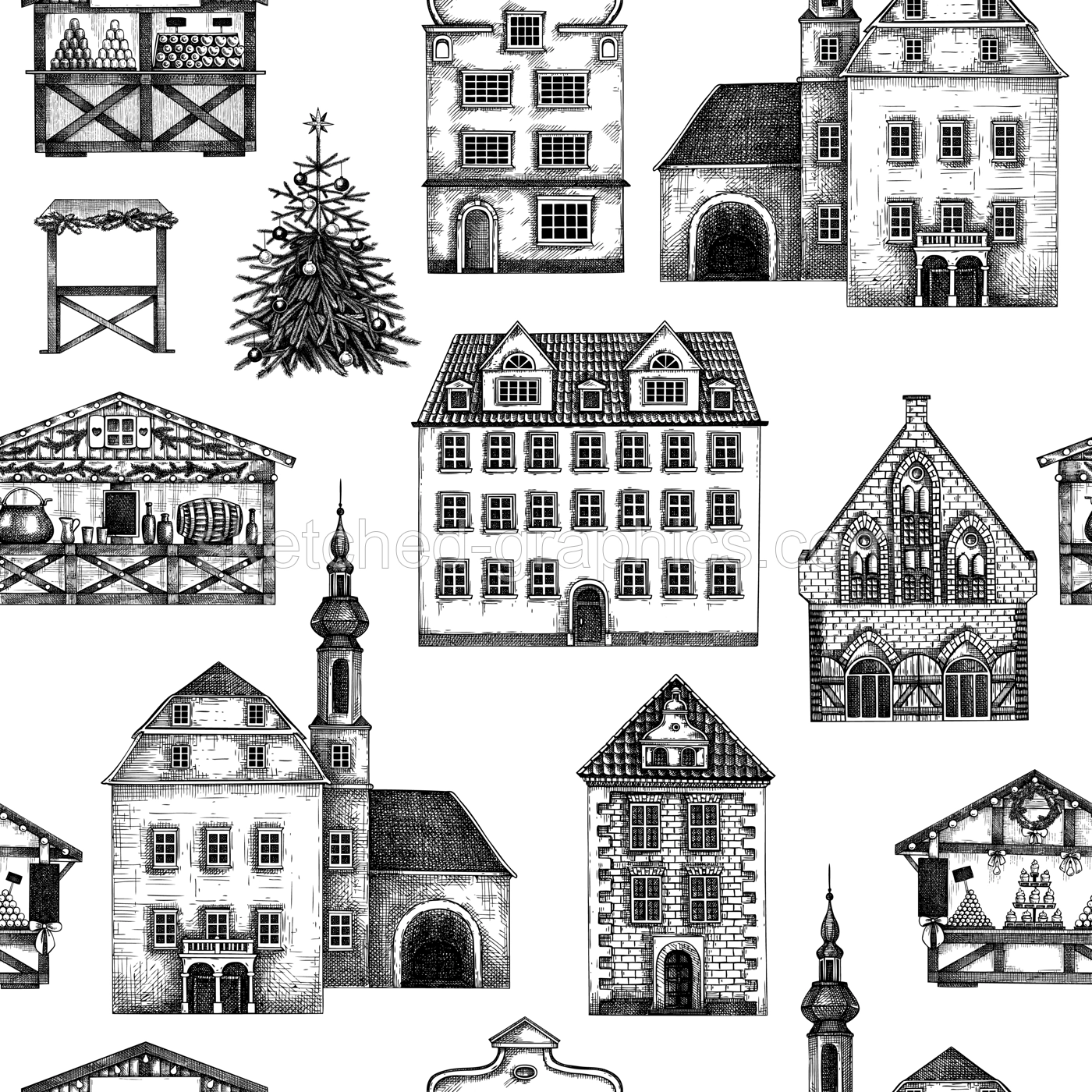 Vintage Christmas background. Old houses seamless pattern. Christmas market. City architecture hand-drawn vector illustration. NOT AI generated Illustration